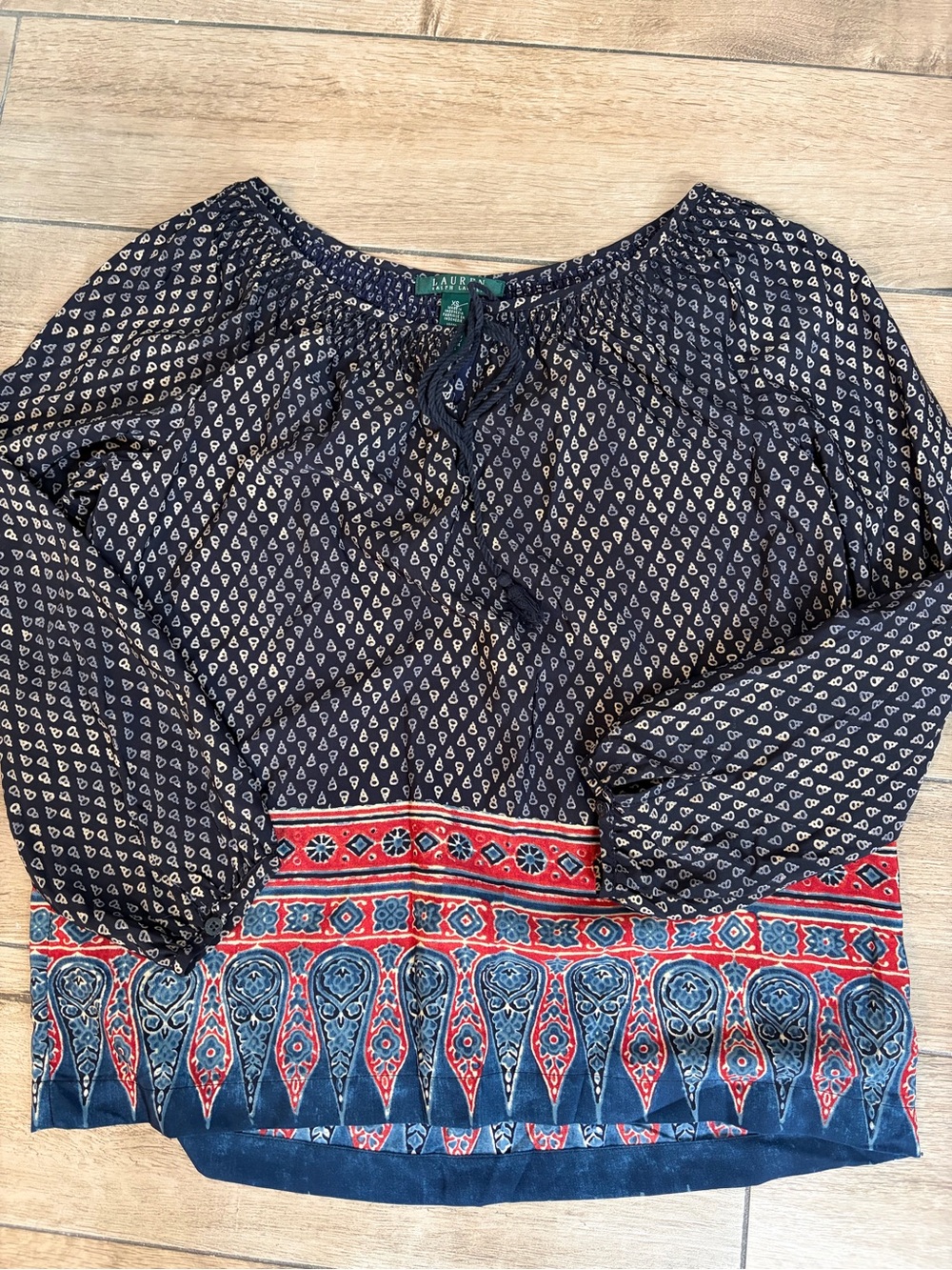 Ralph Lauren Navy Printed Tie-Neck Peasant Blouse with Red Accent